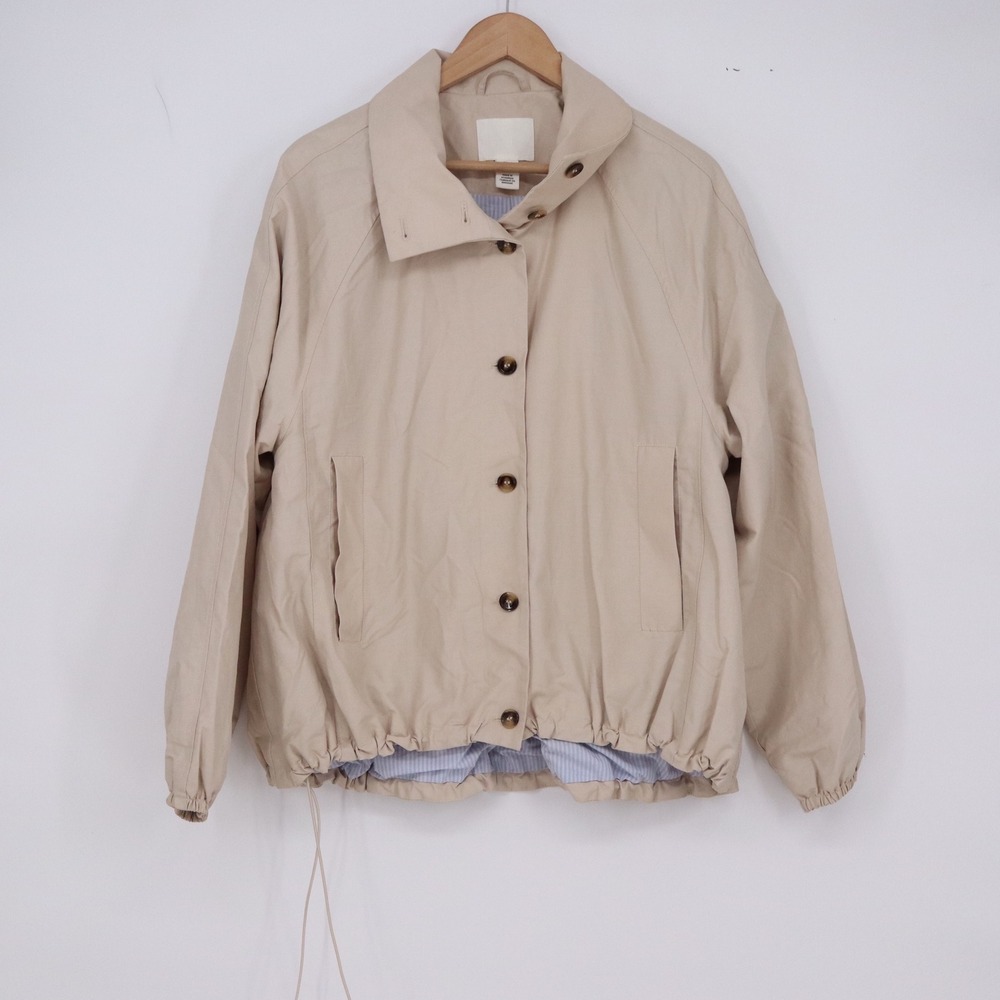 H&M Jacket Womens M Pinstripe Lined Beige Drawstring Hem Button Down Excellent